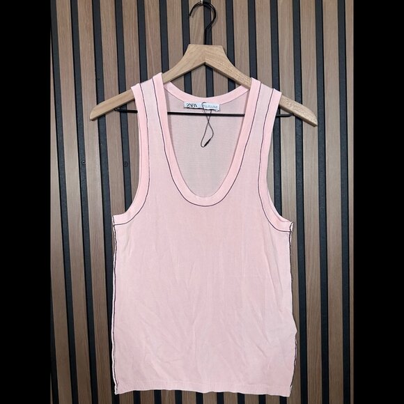 New Zara Tank Top Large Womens Pink Scoop Neck Muscle Shirt Microfiber Knit - Picture 1 of 6